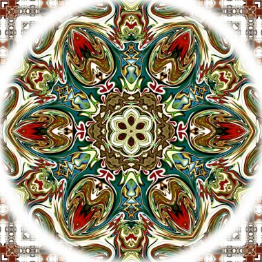 Benzersiz mandala, Oriental yuvarlak desen, mistik motifi, egzotik arka plan. Fantastik fraktal tasarım, geometrik doku parlayan renkli dijital sanat.