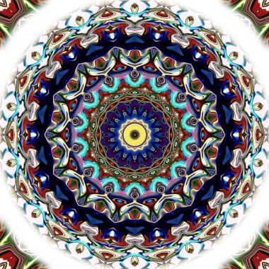 Benzersiz mandala, Oriental yuvarlak desen, mistik motifi, egzotik arka plan. Fantastik fraktal tasarım, geometrik doku parlayan renkli dijital sanat.