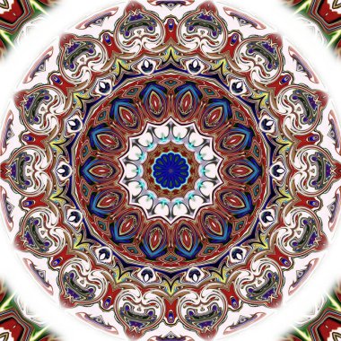 Benzersiz mandala, Oriental yuvarlak desen, mistik motifi, egzotik arka plan. Fantastik fraktal tasarım, geometrik doku parlayan renkli dijital sanat.