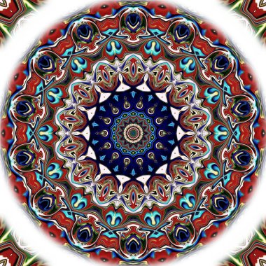 Benzersiz mandala, Oriental yuvarlak desen, mistik motifi, egzotik arka plan. Fantastik fraktal tasarım, geometrik doku parlayan renkli dijital sanat.