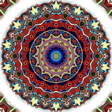 Benzersiz mandala, Oriental yuvarlak desen, mistik motifi, egzotik arka plan. Fantastik fraktal tasarım, geometrik doku parlayan renkli dijital sanat.