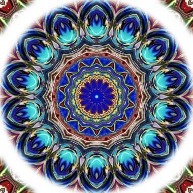 Benzersiz mandala, Oriental yuvarlak desen, mistik motifi, egzotik arka plan. Fantastik fraktal tasarım, geometrik doku parlayan renkli dijital sanat.