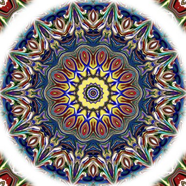 Benzersiz mandala, Oriental yuvarlak desen, mistik motifi, egzotik arka plan. Fantastik fraktal tasarım, geometrik doku parlayan renkli dijital sanat.