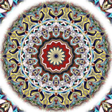 Benzersiz mandala, Oriental yuvarlak desen, mistik motifi, egzotik arka plan. Fantastik fraktal tasarım, geometrik doku parlayan renkli dijital sanat.