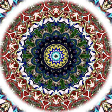 Benzersiz mandala, Oriental yuvarlak desen, mistik motifi, egzotik arka plan. Fantastik fraktal tasarım, geometrik doku parlayan renkli dijital sanat.