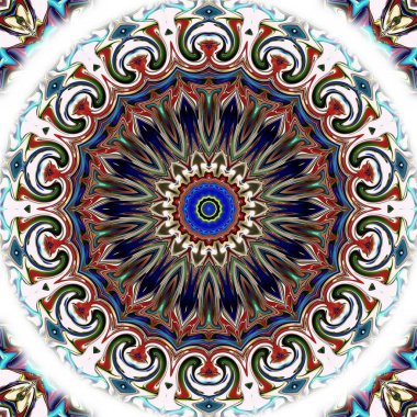 Benzersiz mandala, Oriental yuvarlak desen, mistik motifi, egzotik arka plan. Fantastik fraktal tasarım, geometrik doku parlayan renkli dijital sanat.