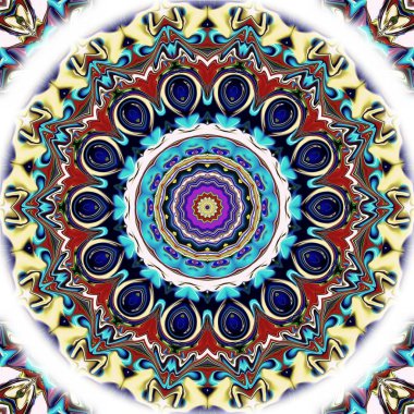 Benzersiz mandala, Oriental yuvarlak desen, mistik motifi, egzotik arka plan. Fantastik fraktal tasarım, geometrik doku parlayan renkli dijital sanat.