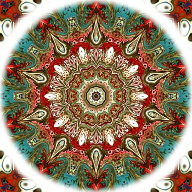 Benzersiz mandala, Oriental yuvarlak desen, mistik motifi, egzotik arka plan. Fantastik fraktal tasarım, geometrik doku parlayan renkli dijital sanat.