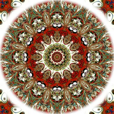 Benzersiz mandala, Oriental yuvarlak desen, mistik motifi, egzotik arka plan. Fantastik fraktal tasarım, geometrik doku parlayan renkli dijital sanat.