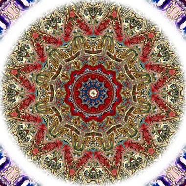 Benzersiz mandala, Oriental yuvarlak desen, mistik motifi, egzotik arka plan. Fantastik fraktal tasarım, geometrik doku parlayan renkli dijital sanat.