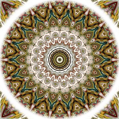 Benzersiz mandala, Oriental yuvarlak desen, mistik motifi, egzotik arka plan. Fantastik fraktal tasarım, geometrik doku parlayan renkli dijital sanat.