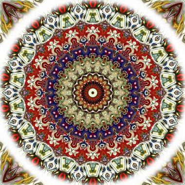 Benzersiz mandala, Oriental yuvarlak desen, mistik motifi, egzotik arka plan. Fantastik fraktal tasarım, geometrik doku parlayan renkli dijital sanat.