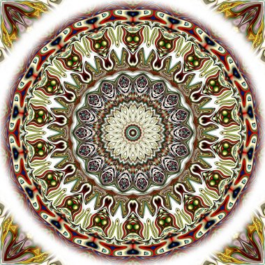 Benzersiz mandala, Oriental yuvarlak desen, mistik motifi, egzotik arka plan. Fantastik fraktal tasarım, geometrik doku parlayan renkli dijital sanat.