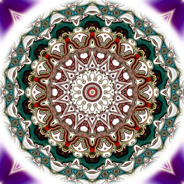 Benzersiz mandala, Oriental yuvarlak desen, mistik motifi, egzotik arka plan. Fantastik fraktal tasarım, geometrik doku parlayan renkli dijital sanat.