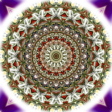 Benzersiz mandala, Oriental yuvarlak desen, mistik motifi, egzotik arka plan. Fantastik fraktal tasarım, geometrik doku parlayan renkli dijital sanat.