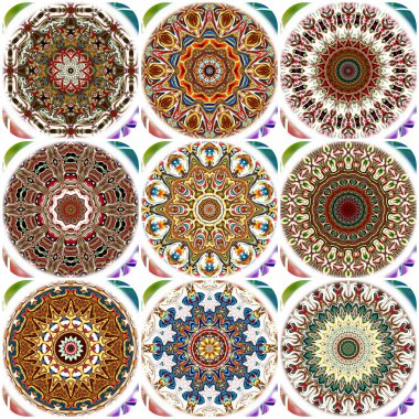 Benzersiz mandala, Oriental yuvarlak desen, mistik motifi, egzotik arka plan. Fantastik fraktal tasarım, geometrik doku parlayan renkli dijital sanat.