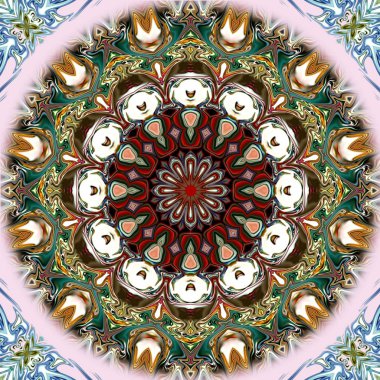 Benzersiz mandala, Oriental yuvarlak desen, mistik motifi, egzotik arka plan. Fantastik fraktal tasarım, geometrik doku parlayan renkli dijital sanat.