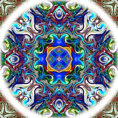 Benzersiz mandala, Oriental yuvarlak desen, mistik motifi, egzotik arka plan. Fantastik fraktal tasarım, geometrik doku parlayan renkli dijital sanat.