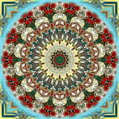 Benzersiz mandala, Oriental yuvarlak desen, mistik motifi, egzotik arka plan. Fantastik fraktal tasarım, geometrik doku parlayan renkli dijital sanat.