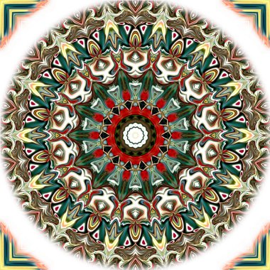 Benzersiz mandala, Oriental yuvarlak desen, mistik motifi, egzotik arka plan. Fantastik fraktal tasarım, geometrik doku parlayan renkli dijital sanat.