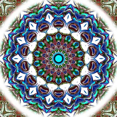 Benzersiz mandala, Oriental yuvarlak desen, mistik motifi, egzotik arka plan. Fantastik fraktal tasarım, geometrik doku parlayan renkli dijital sanat.