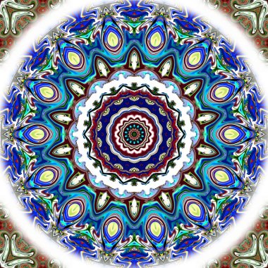 Benzersiz mandala, Oriental yuvarlak desen, mistik motifi, egzotik arka plan. Fantastik fraktal tasarım, geometrik doku parlayan renkli dijital sanat.