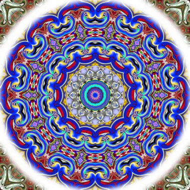 Benzersiz mandala, Oriental yuvarlak desen, mistik motifi, egzotik arka plan. Fantastik fraktal tasarım, geometrik doku parlayan renkli dijital sanat.