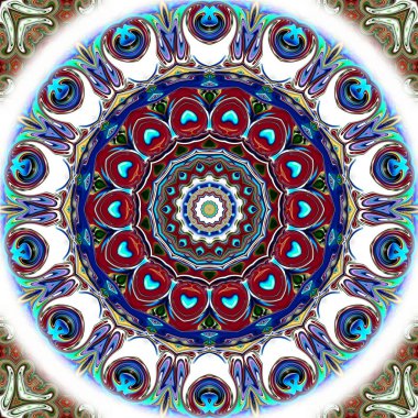 Benzersiz mandala, Oriental yuvarlak desen, mistik motifi, egzotik arka plan. Fantastik fraktal tasarım, geometrik doku parlayan renkli dijital sanat.