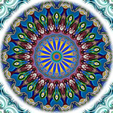 Benzersiz mandala, Oriental yuvarlak desen, mistik motifi, egzotik arka plan. Fantastik fraktal tasarım, geometrik doku parlayan renkli dijital sanat.