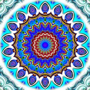 Benzersiz mandala, Oriental yuvarlak desen, mistik motifi, egzotik arka plan. Fantastik fraktal tasarım, geometrik doku parlayan renkli dijital sanat.