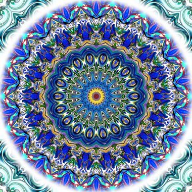 Benzersiz mandala, Oriental yuvarlak desen, mistik motifi, egzotik arka plan. Fantastik fraktal tasarım, geometrik doku parlayan renkli dijital sanat.