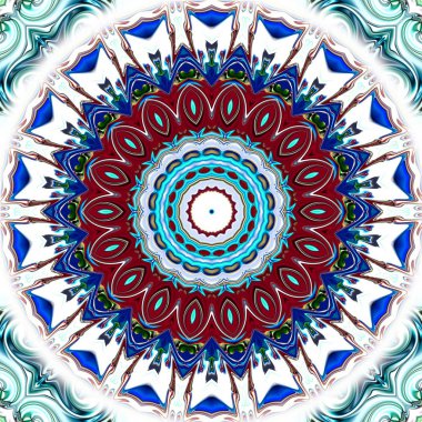 Benzersiz mandala, Oriental yuvarlak desen, mistik motifi, egzotik arka plan. Fantastik fraktal tasarım, geometrik doku parlayan renkli dijital sanat.