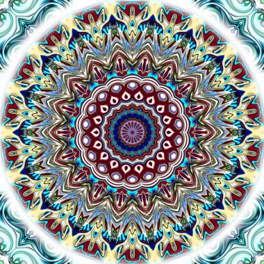 Benzersiz mandala, Oriental yuvarlak desen, mistik motifi, egzotik arka plan. Fantastik fraktal tasarım, geometrik doku parlayan renkli dijital sanat.