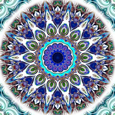 Benzersiz mandala, Oriental yuvarlak desen, mistik motifi, egzotik arka plan. Fantastik fraktal tasarım, geometrik doku parlayan renkli dijital sanat.