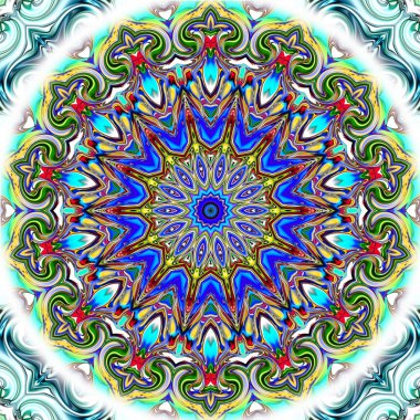 Benzersiz mandala, Oriental yuvarlak desen, mistik motifi, egzotik arka plan. Fantastik fraktal tasarım, geometrik doku parlayan renkli dijital sanat.