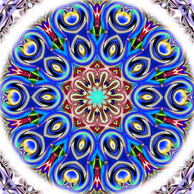 Benzersiz mandala, Oriental yuvarlak desen, mistik motifi, egzotik arka plan. Fantastik fraktal tasarım, geometrik doku parlayan renkli dijital sanat.