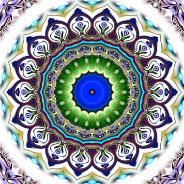 Benzersiz mandala, Oriental yuvarlak desen, mistik motifi, egzotik arka plan. Fantastik fraktal tasarım, geometrik doku parlayan renkli dijital sanat.