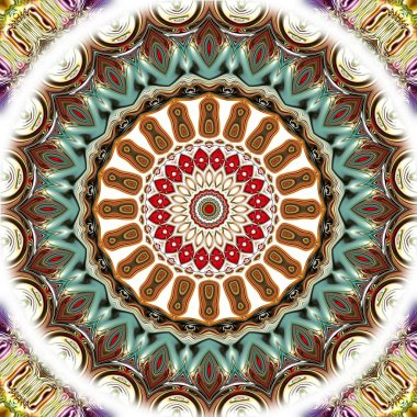 Benzersiz mandala, Oriental yuvarlak desen, mistik motifi, egzotik arka plan. Fantastik fraktal tasarım, geometrik doku parlayan renkli dijital sanat.