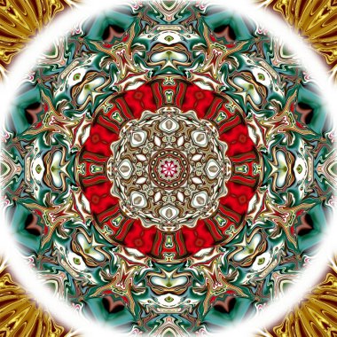 Benzersiz mandala, Oriental yuvarlak desen, mistik motifi, egzotik arka plan. Fantastik fraktal tasarım, geometrik doku parlayan renkli dijital sanat.