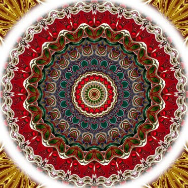 Benzersiz mandala, Oriental yuvarlak desen, mistik motifi, egzotik arka plan. Fantastik fraktal tasarım, geometrik doku parlayan renkli dijital sanat.