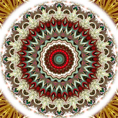 Benzersiz mandala, Oriental yuvarlak desen, mistik motifi, egzotik arka plan. Fantastik fraktal tasarım, geometrik doku parlayan renkli dijital sanat.