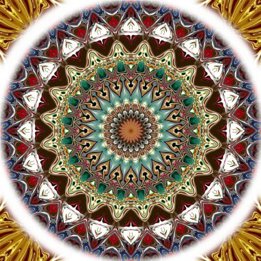 Benzersiz mandala, Oriental yuvarlak desen, mistik motifi, egzotik arka plan. Fantastik fraktal tasarım, geometrik doku parlayan renkli dijital sanat.