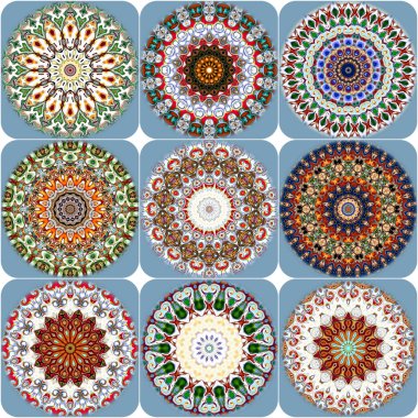 Benzersiz mandala, Oriental yuvarlak desen, mistik motifi, egzotik arka plan. Fantastik fraktal tasarım, geometrik doku parlayan renkli dijital sanat.