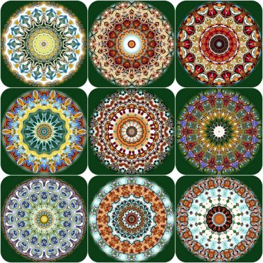 Benzersiz mandala, Oriental yuvarlak desen, mistik motifi, egzotik arka plan. Fantastik fraktal tasarım, geometrik doku parlayan renkli dijital sanat.