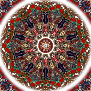 Benzersiz mandala, Oriental yuvarlak desen, mistik motifi, egzotik arka plan. Fantastik fraktal tasarım, geometrik doku parlayan renkli dijital sanat.