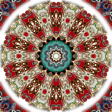 Benzersiz mandala, Oriental yuvarlak desen, mistik motifi, egzotik arka plan. Fantastik fraktal tasarım, geometrik doku parlayan renkli dijital sanat.