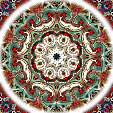 Benzersiz mandala, Oriental yuvarlak desen, mistik motifi, egzotik arka plan. Fantastik fraktal tasarım, geometrik doku parlayan renkli dijital sanat.