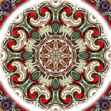 Benzersiz mandala, Oriental yuvarlak desen, mistik motifi, egzotik arka plan. Fantastik fraktal tasarım, geometrik doku parlayan renkli dijital sanat.