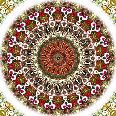 Benzersiz mandala, Oriental yuvarlak desen, mistik motifi, egzotik arka plan. Fantastik fraktal tasarım, geometrik doku parlayan renkli dijital sanat.