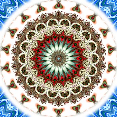 Benzersiz mandala, Oriental yuvarlak desen, mistik motifi, egzotik arka plan. Fantastik fraktal tasarım, geometrik doku parlayan renkli dijital sanat.